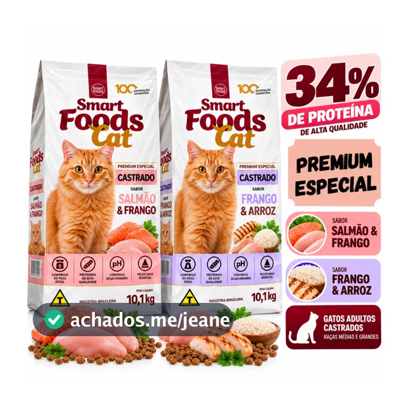 Ração Para Gato Castrado Premium Especial 34% Proteína Smart Food 10,1kg Salmão e Frango E Frango e Arroz