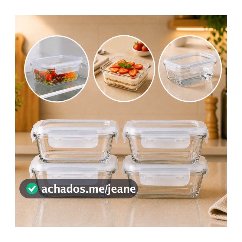 Kit Conjunto 4 Potes 370ml Vidro Hermético Borossilicato Jogo Marmitinha Forno Microondas Freezer
