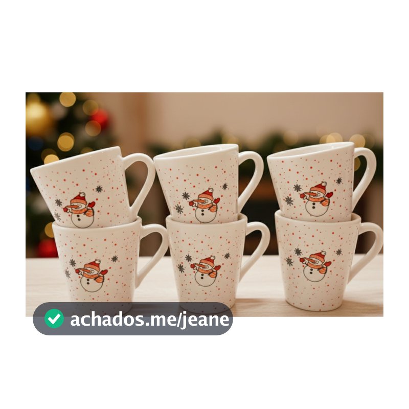 Kit 6 Xícaras Café 120ml Branca Chá Decorada Natal Boneco de Neve Flocos de Neve