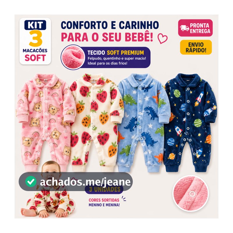 Kit 3 Macacão Soft De Bebê Com Botões Enxoval Infantil