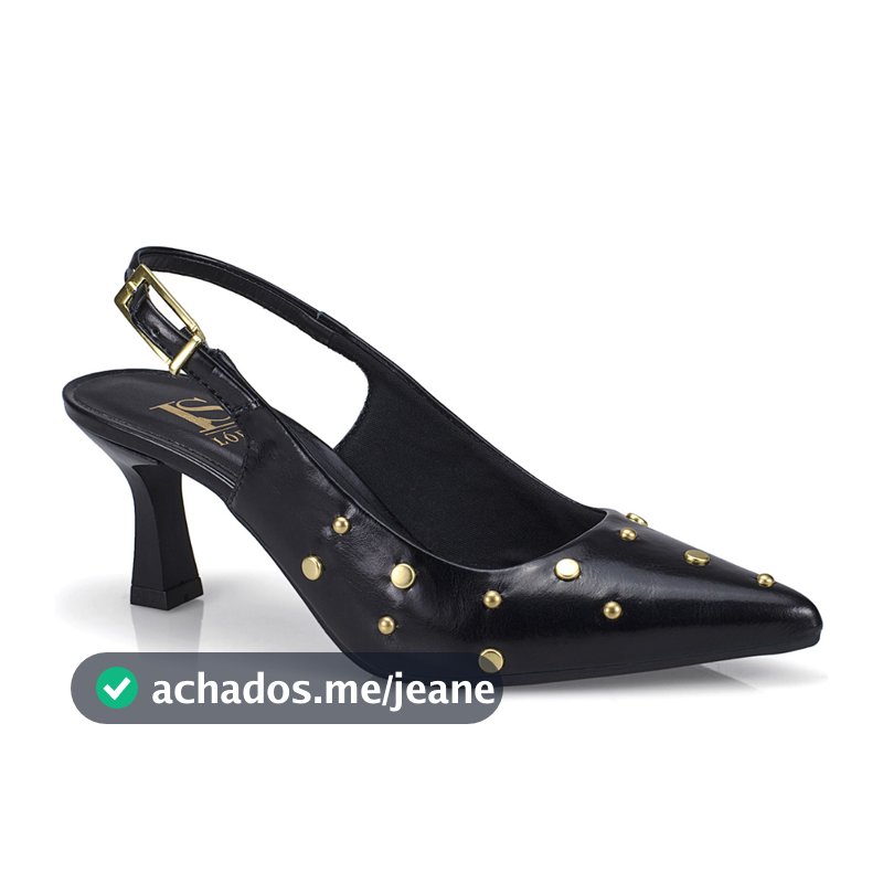 Scarpin Feminino Slingback Bico Fino Salto Taça Com Tachas Douradas E Fivela 029