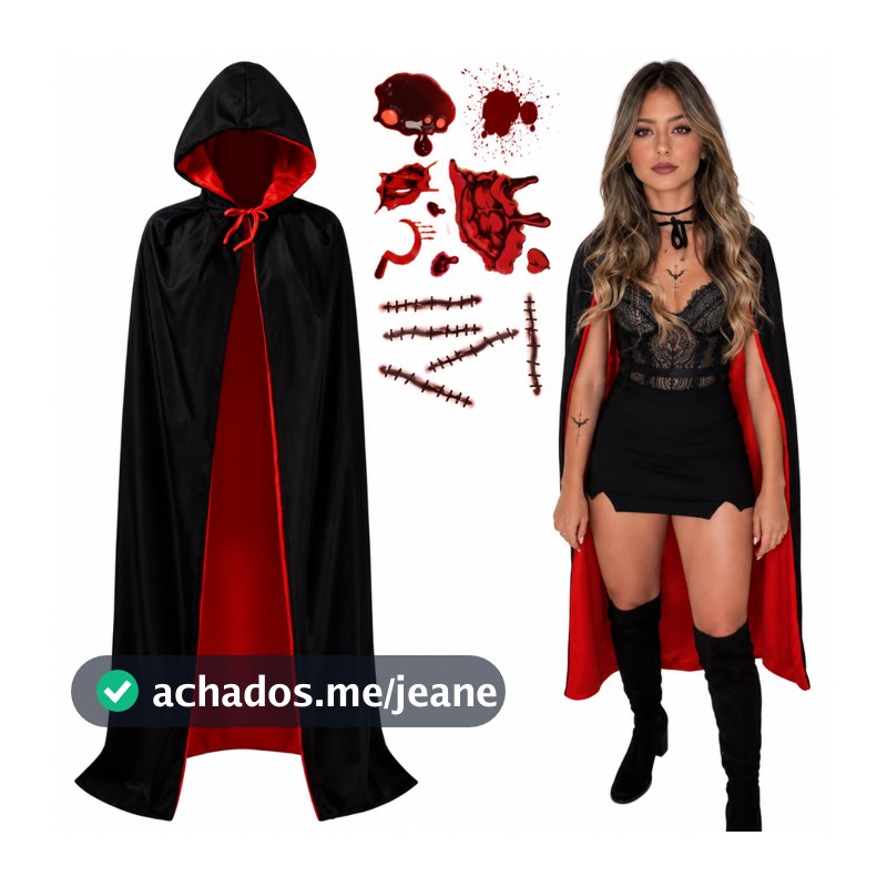 Kit Capa de Bruxa Vampiro Dracula Unissex + Tatoo Ferimento Falso Fantasia Halloween Vampiro Bruxo