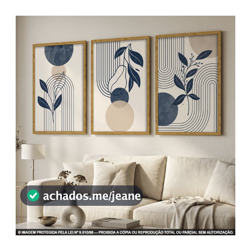 Kit 3 Quadros Decorativos Abstrato Minimalista Moderno | Folhagem Azul Marinho Sala Quarto