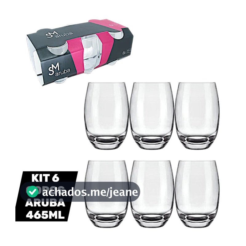 Kit 6 Copos de vidro Aruba 465ML  Transparente Suco Agua Bebidas