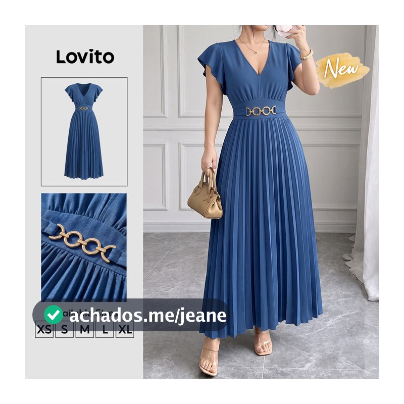 Lovito Vestido Feminino Elegante Azul Babado Drapeado e Fivela Metálica Modelo Longo A Primavera Verão Traje de Trabalho DRK10P1D315