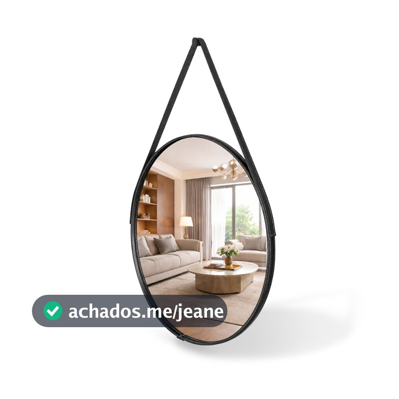 Espelho Para Quarto Banheiro Grande De Parede Adnet 60cm Couro Sala Hall Entrada Decorativo Com Alça