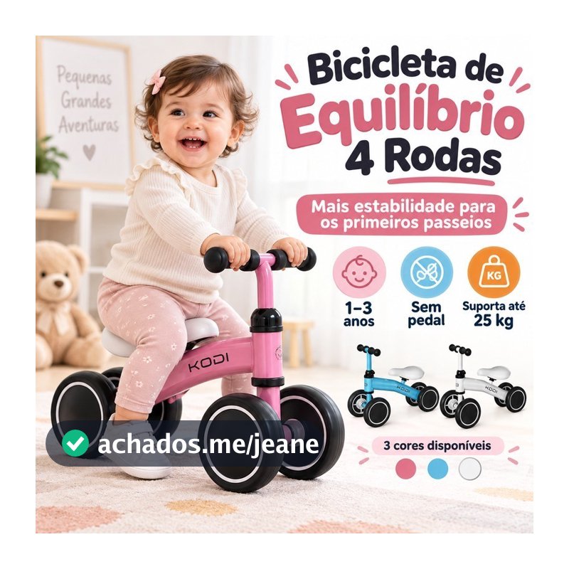 Bicicleta de Equilíbrio Infantil 4 Rodas Sem Pedal com Guidão Ajustável 1 a 3 Anos Até 25kg P14