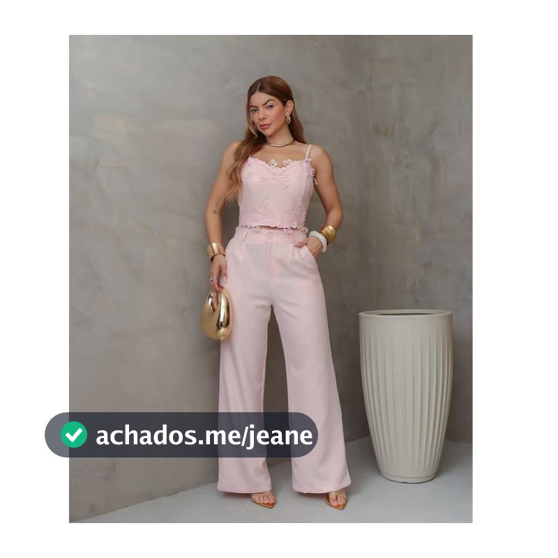 Conjunto Feminino Cropped de Alça Renda Guipir e Calça Pantalona Elegante 3RD SD4033
