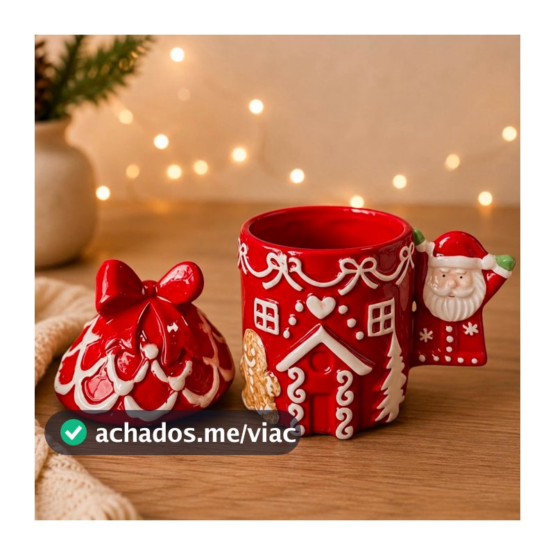Caneca Com Tampa Papai Noel e Biscoito De Natal Gingerbread Caneca Decorativa De Porcelana