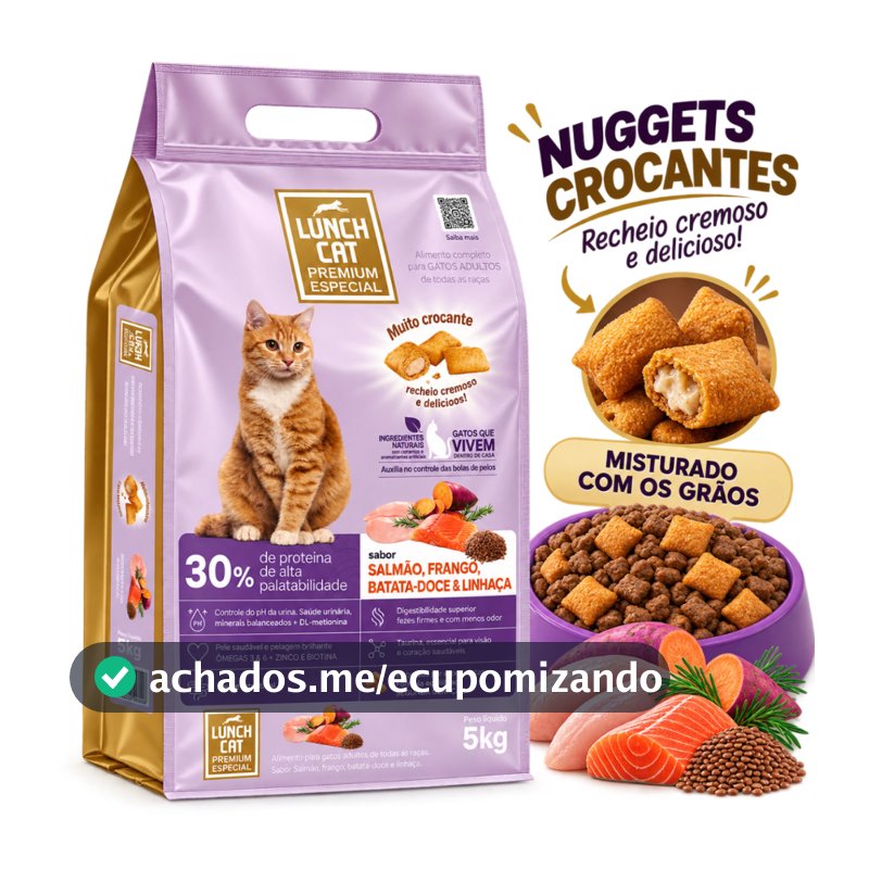 Ração Premium Especial Gato Adulto 30% Proteína Todas As Raças Salmão Frango Batata Doce e Linhaça