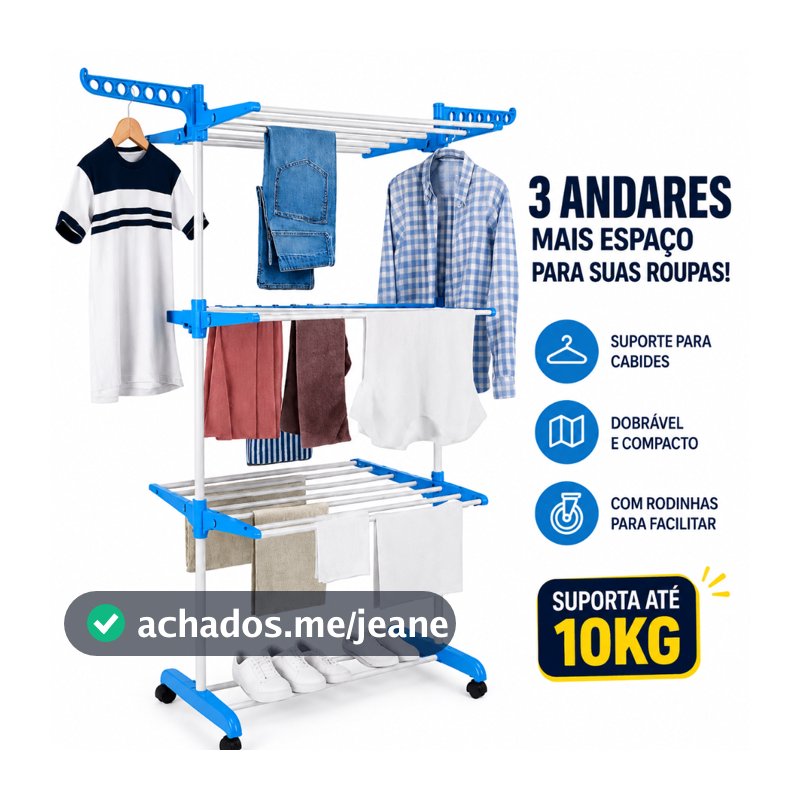 Varal De Chão Torre 3 Andares Dobrável, Suporte para Cabides, com Rodinhas