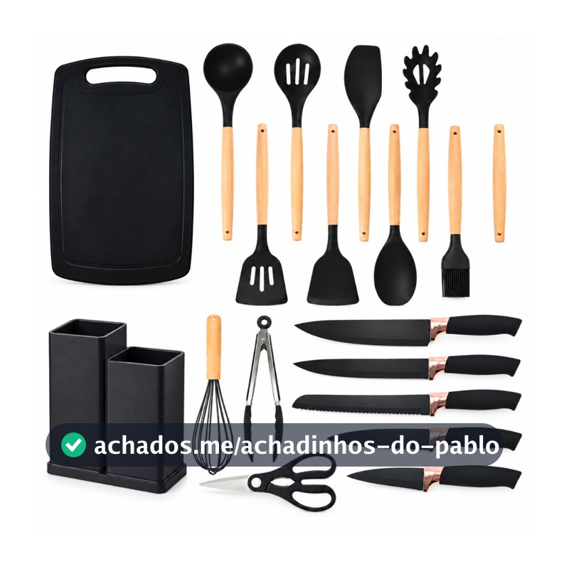Kit Conjunto De 19 Peças Utensílios Cozinha Silicone Tabua Cor Preto