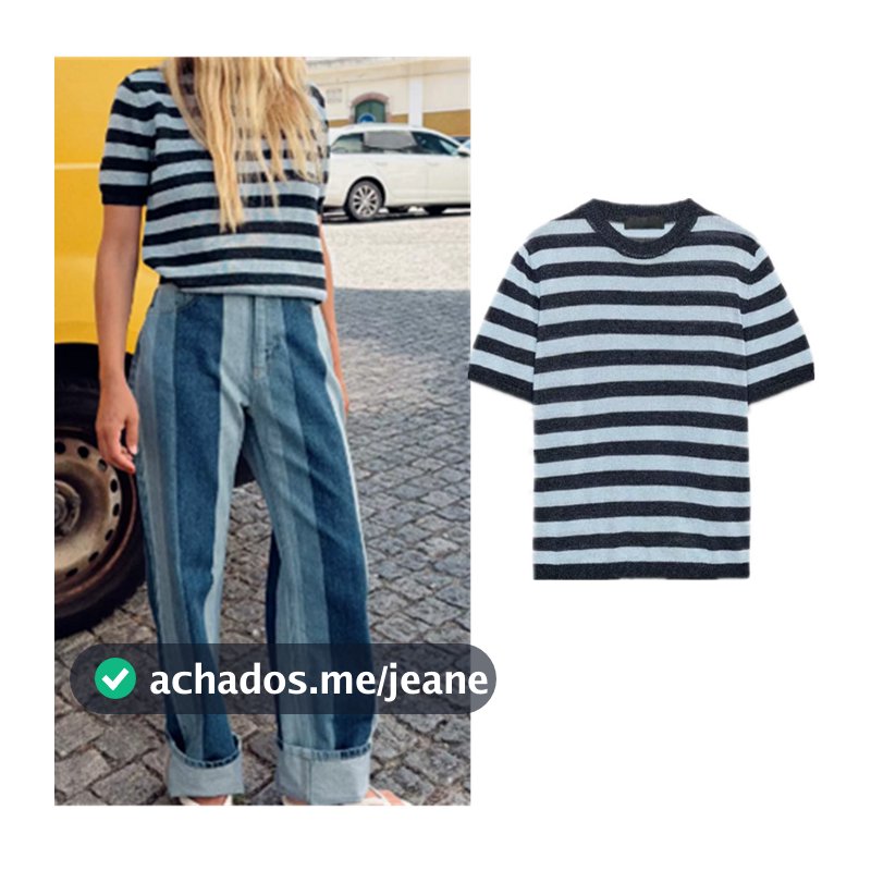 ZA Top de malha listrado com gola redonda e manga curta com acabamento canelado em cor contrastante 2756031