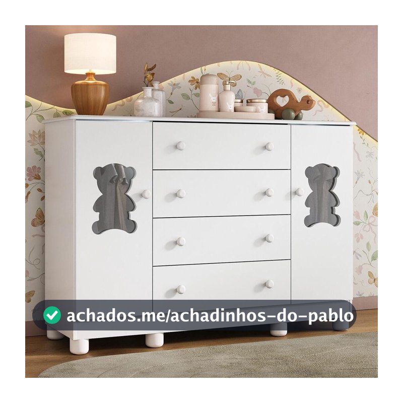 Cômoda Infantil para Bebê 125cm 2 Portas com Vidro e 4 Gavetas Fofura Multimóveis MP4485