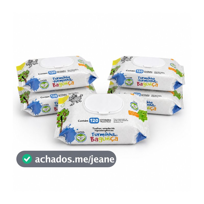 Kit 5 Toalhas Umedecidas Turminha da Bagunça 120 Folhas Lenço Umedecido Vegano Hipoalergênico Sem Álcool e 98% Água