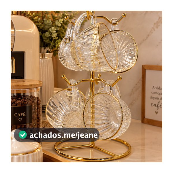 Jogo 6 Xícaras Café Melina 90 Ml Suporte Borda Dourada