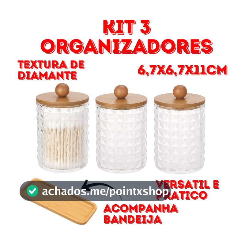 Kit 3 Organizadores 6,7x6,7x11cm Com Tampa De Bambu E Bandeja Textura De Diamante