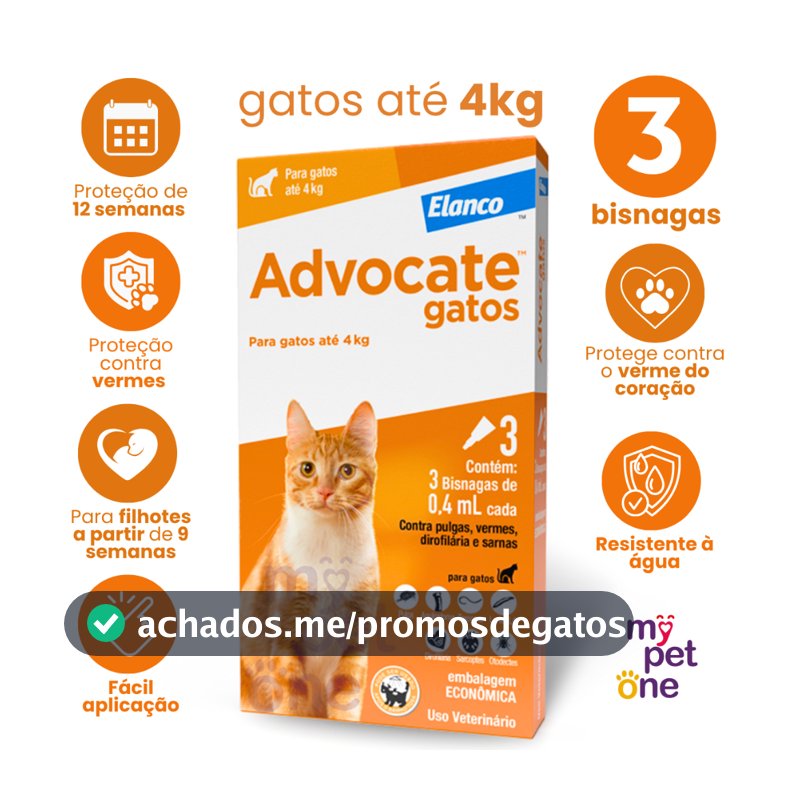 Advocate Elanco 0,4 mL para Gatos até 4 Kg - 3 Bisnagas
