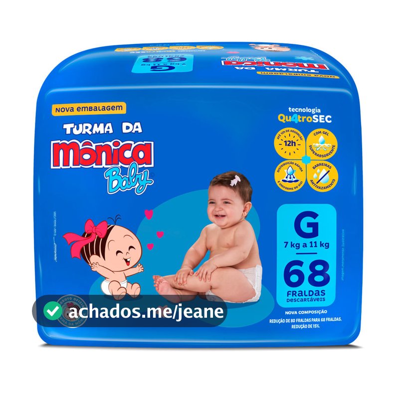 Fralda Turma da Mônica Baby Qu4troSEC Tamanho G 68 Unidades Descartáveis