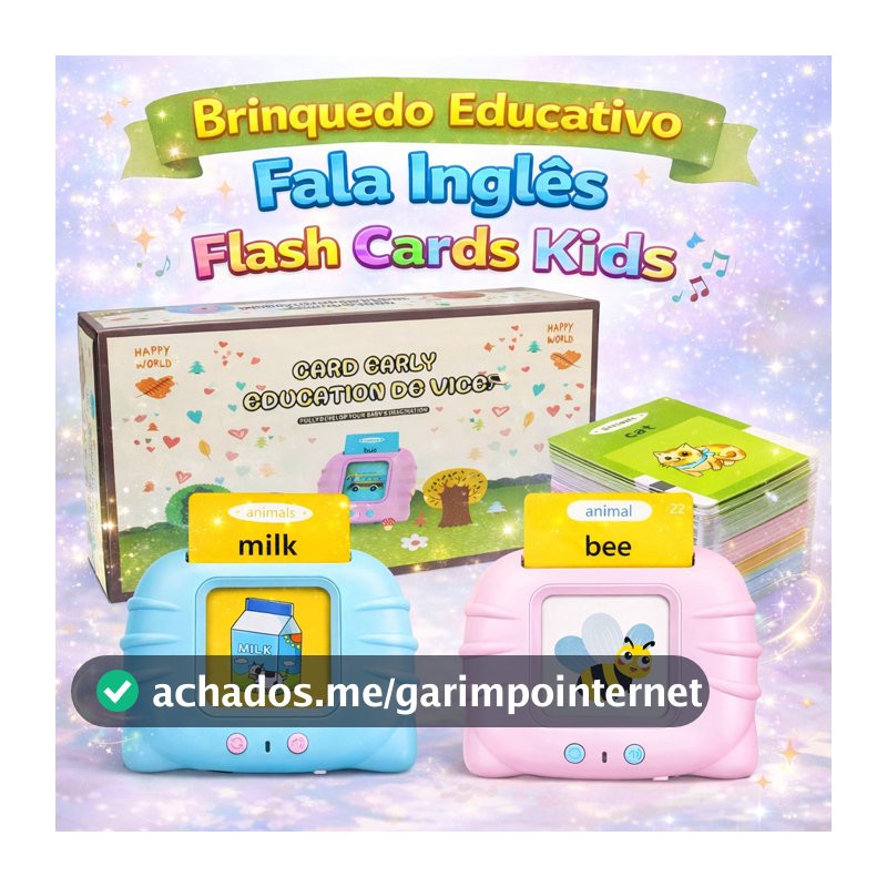 Brinquedo Educativo Fala Inglês Flash Cards Kids 112 Cartas Infantil Interativo Som USB Rosa e Azul