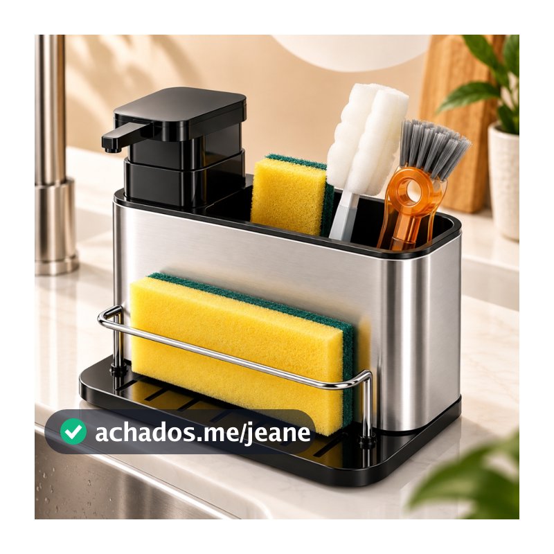 Porta Detergente e Esponja de Pia Cozinha Inox Dispenser Sabão Líquido 200ml Organizador 3 em 1 Porta Pano Pratitudo