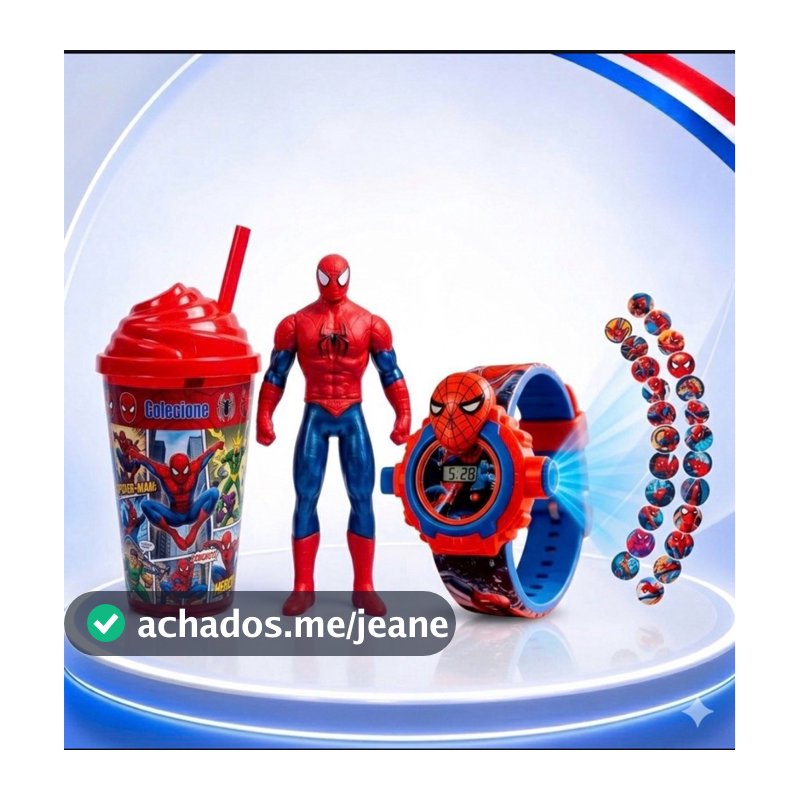 SUPER KIT 3 EM HOMEM-ARANHA Boneco do Homem-Aranha articulado Copo temático com tampa relogio projeta 24 imagens n