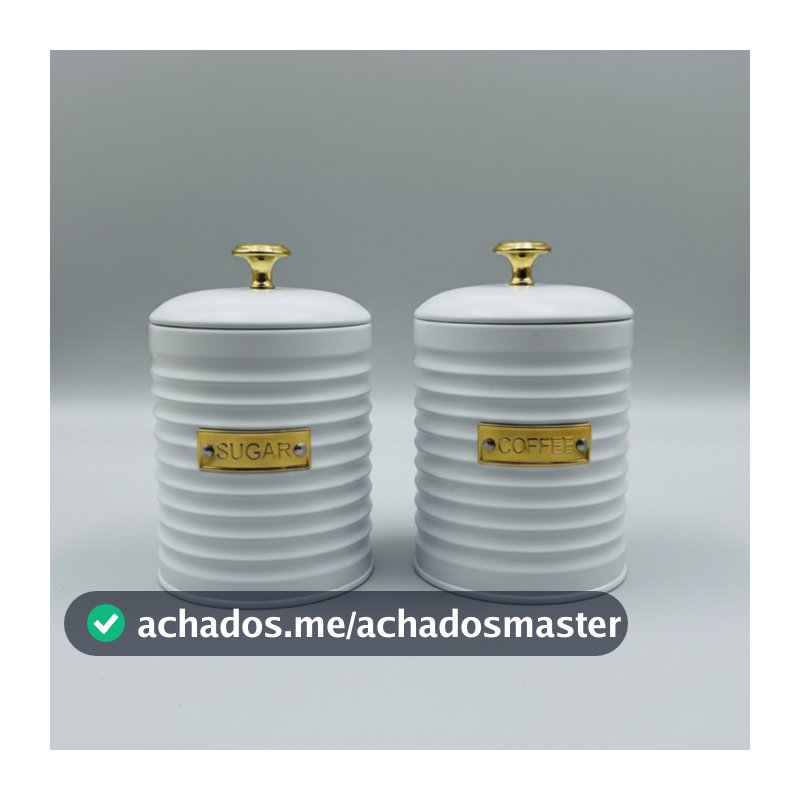 Kit Porta Açúcar E Café De Metal Branco C Design Frisado e Tampa Her
