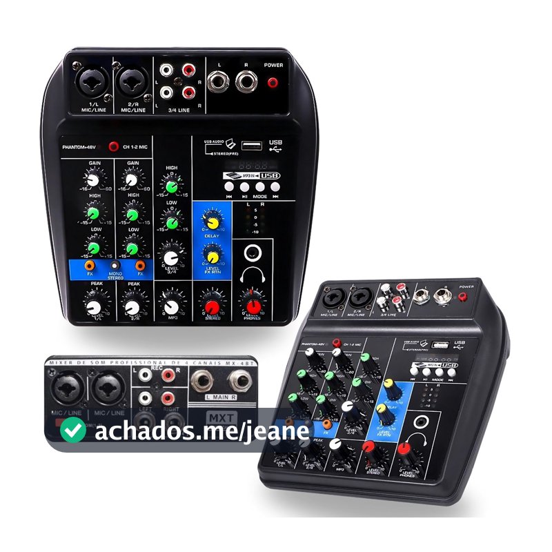 Console Mixer Mesa de Som 4 Canais Profissional Bluetooth Mp3 Usb Pendrive Phantom PodCast live dj