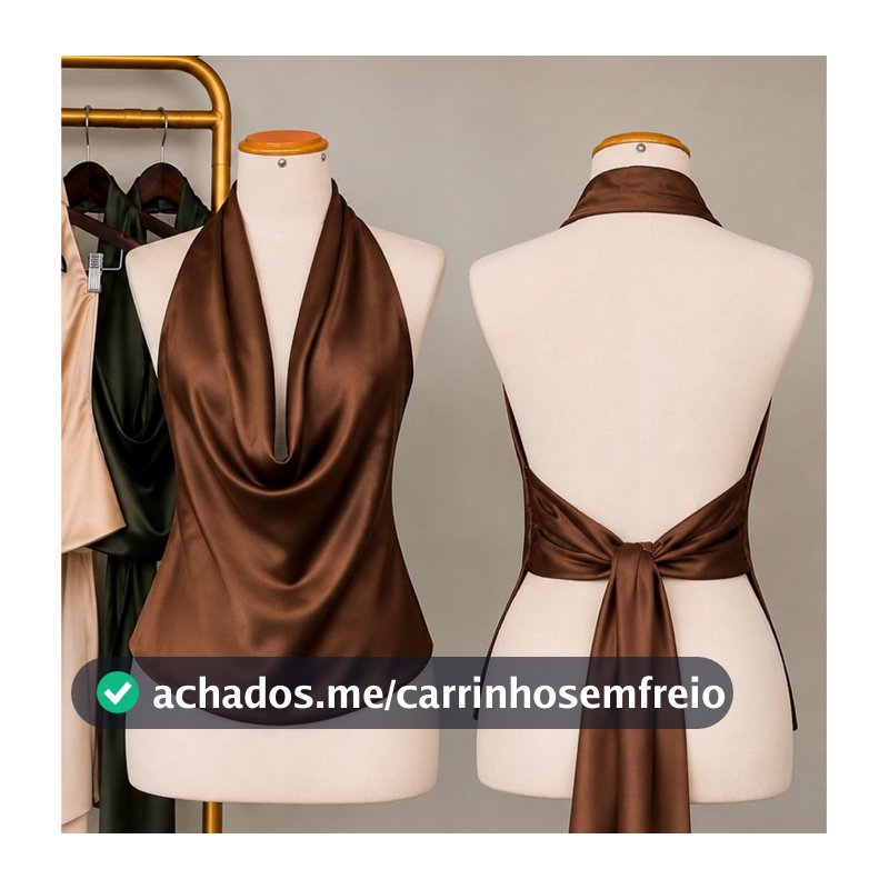 Blusa Acetinada Gola Boba Frente Única Zafira Costas Abertas Cetim Feminina Festa Elegante