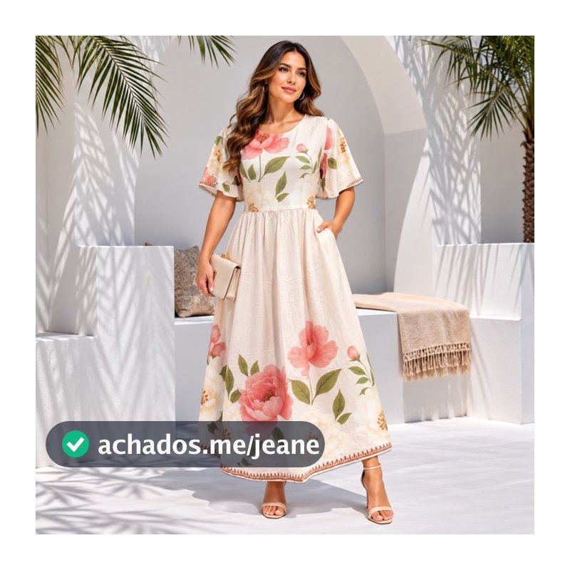 Vestido Feminino Floral Elegante com Manga Curta e Bolsos | Moda Evangélica Confortável e Sofisticada Diversas Ocasiões