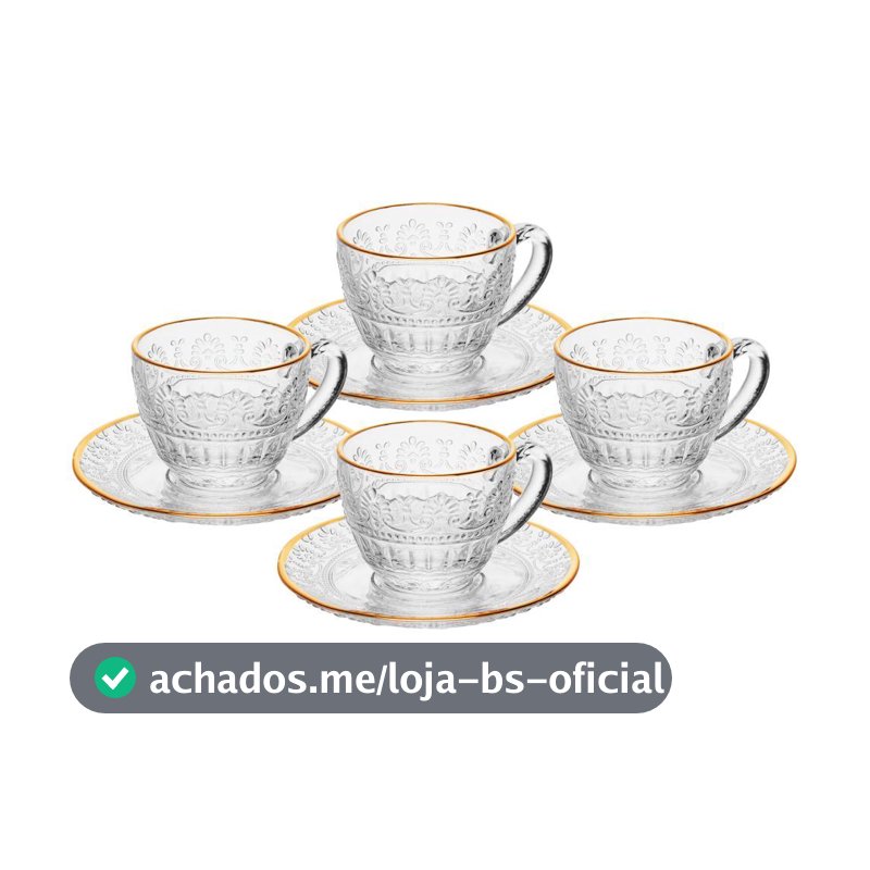 Conjunto 4 Xícaras de Café com Pires 90ml Cristal Mauve Fio de Ouro Wolff para Expresso Mesa Posta Café da Manhã Elegant
