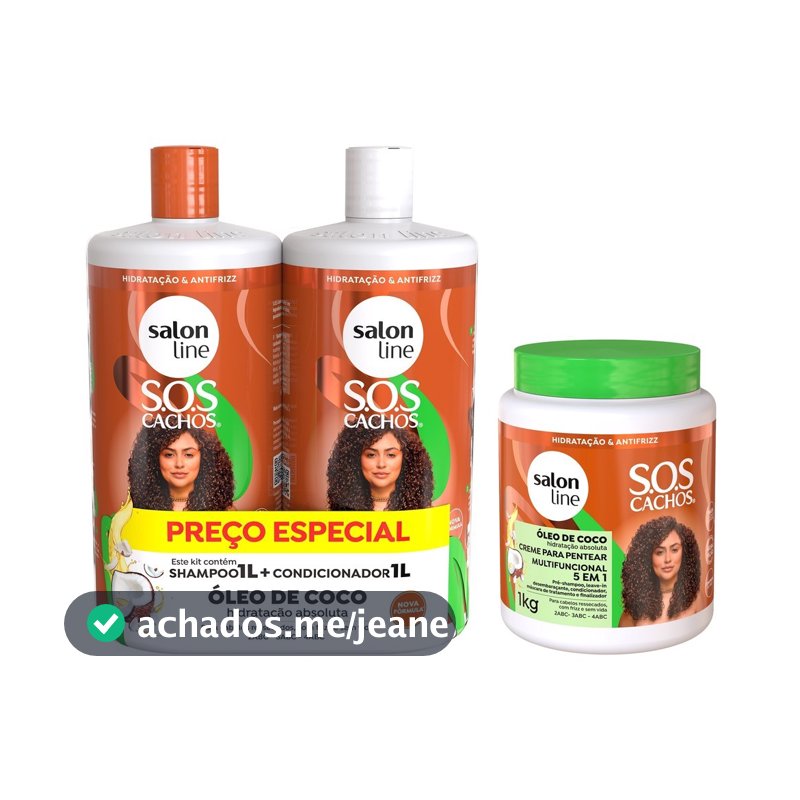 Kit Tratamento Profundo Litrão com Shampoo, Condicionador e Creme para Pentear SOS Cachos Coco