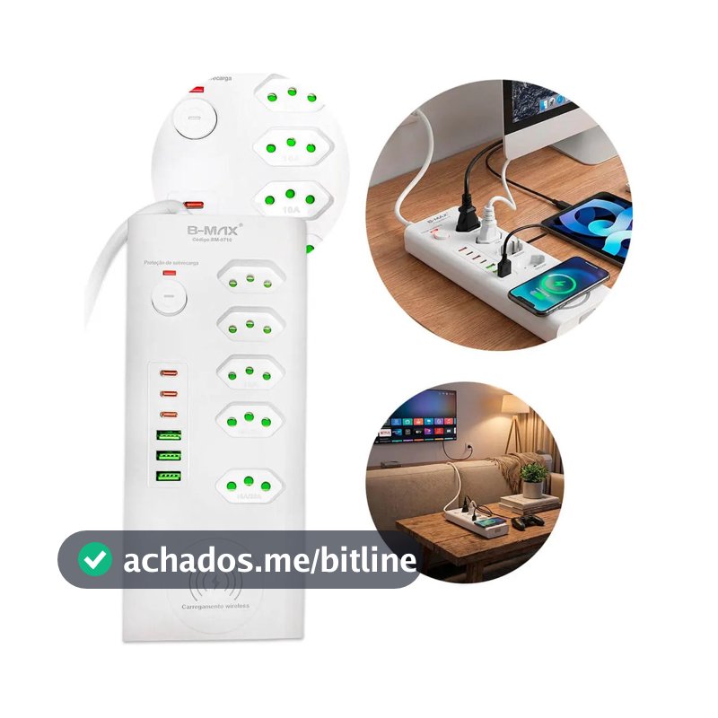 Filtro de Linha 5 Tomadas 3 USB 3 USB-C Carregamento Sem Fio Proteção Contra Sobrecarga Bivolt--8710