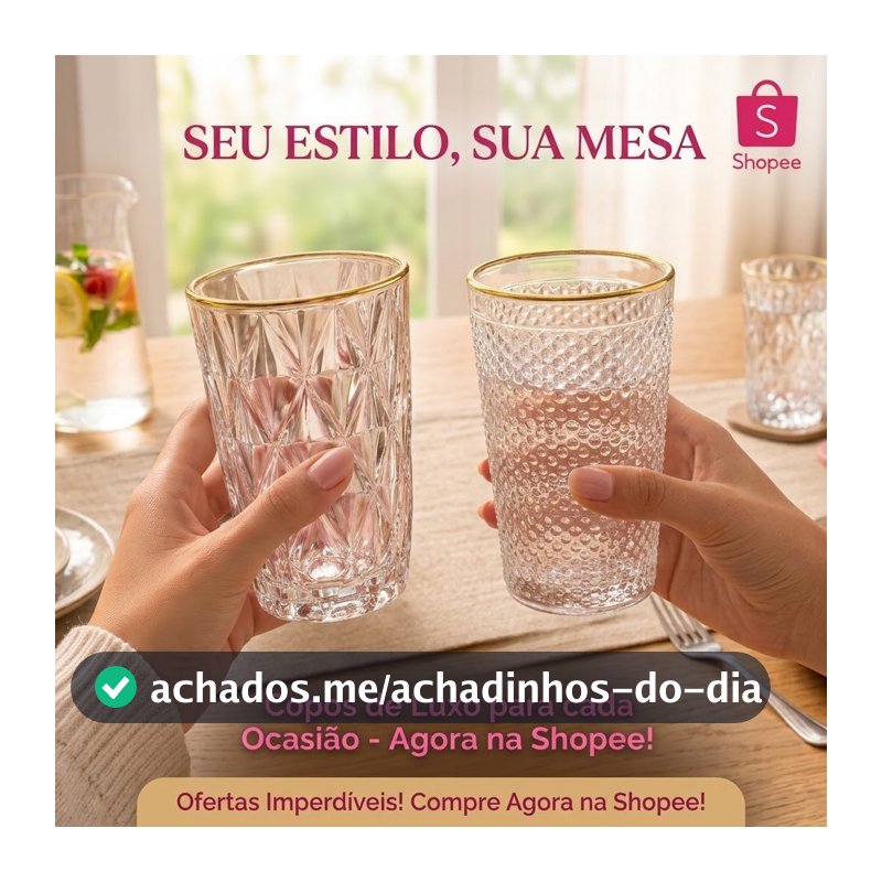 Jogo 6 Copos Vidro Borda Dourada 350ml Diamond ou Imperial Mesa Posta Luxo