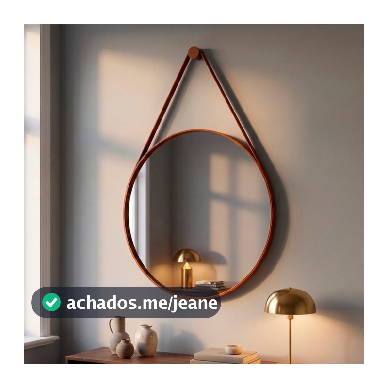 Espelho Redondo Adnet Moderno Lavabo Quarto Sala Banheiro Alça Em Couro 60cm C/ Pino Suporte