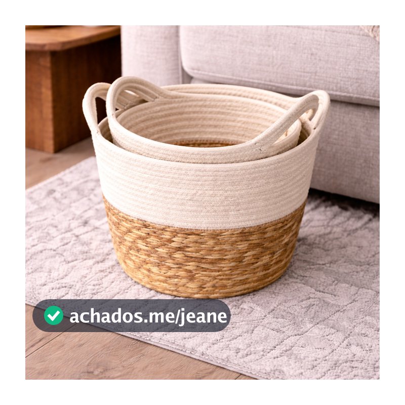 Cesto Decorativo Organizador Fibra Natural Bicolor C/ Alça Estilo Boho Sala Quarto Banheiro