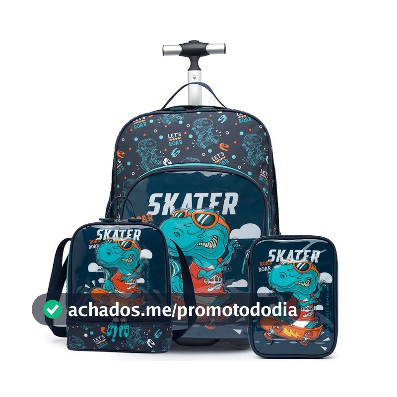 Mochila Lancheira Estojo Infantil Rodinhas Menino Dino Skate Escolar Yupe