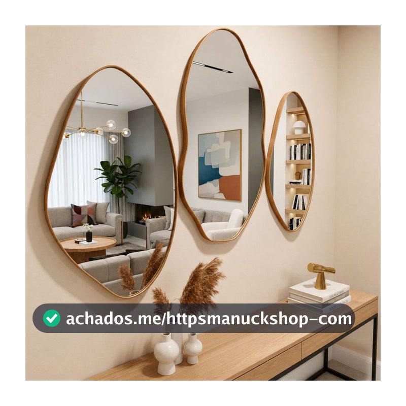 Kit 3 Espelhos Orgânicos Decorativos Parede 60x40 e 70x50 Moldura Couro Reforçado + Suporte Sala Quarto Banheiro