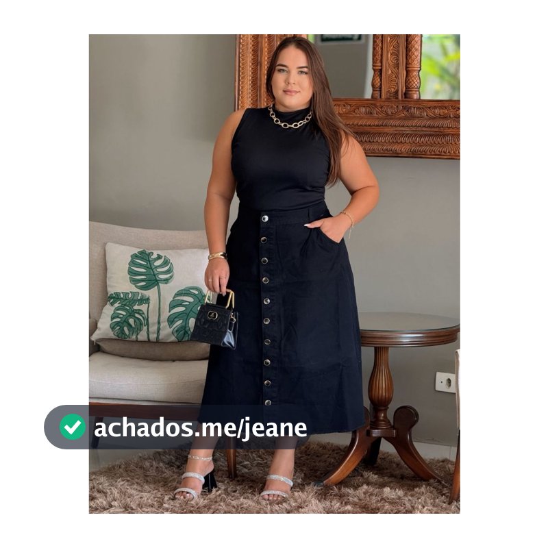 Saia Jeans Longa Preta Moda Cristã Evangélica Tamanho Plus Size Cós Alto e Botões 50 ao 56 Sem Lycra
