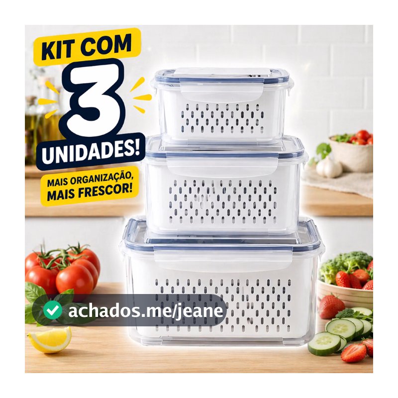 Organizador com 3 potes Herméticos De Geladeira para frutas, alimentos inclui Cesto tampa