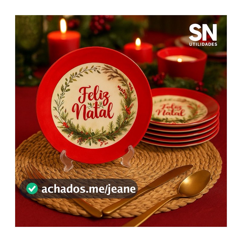 Kit 6 Pratos de Sobremesa Natalinos 17,5cm Prato Guirlanda Feliz Natal Decorativos