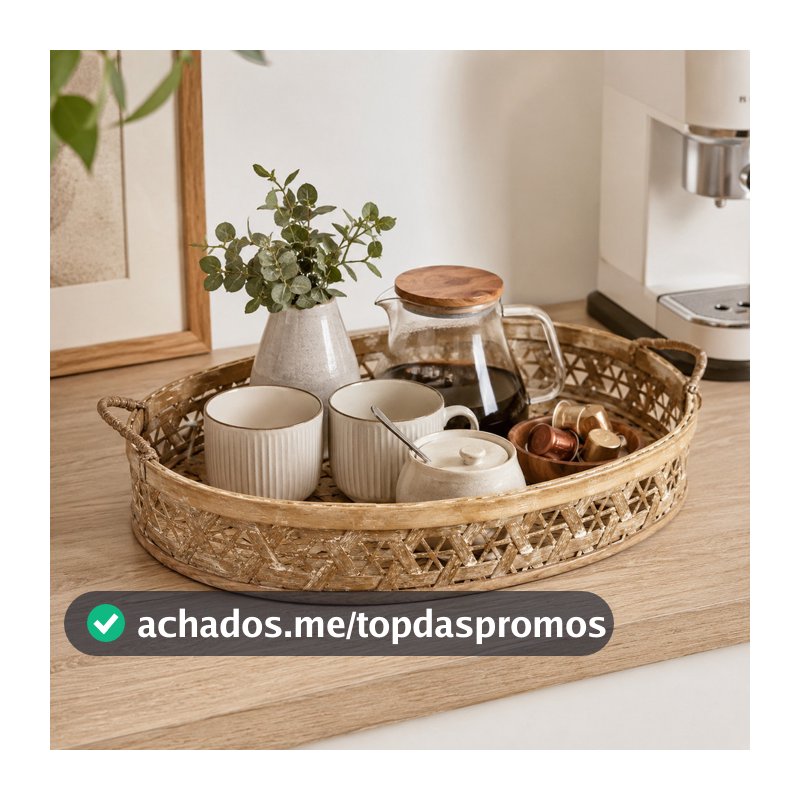 Bandeja Grega Oval Vintage Rústica Pátina Envelhecida Bambu Natural 52cm