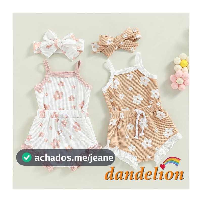 Conjunto De Roupas De Bebê Dandelion-Baby Girl , Espaguete Floral Sem Mangas Macacão + Shorts Casual Ruffle + Banda De Cabeça