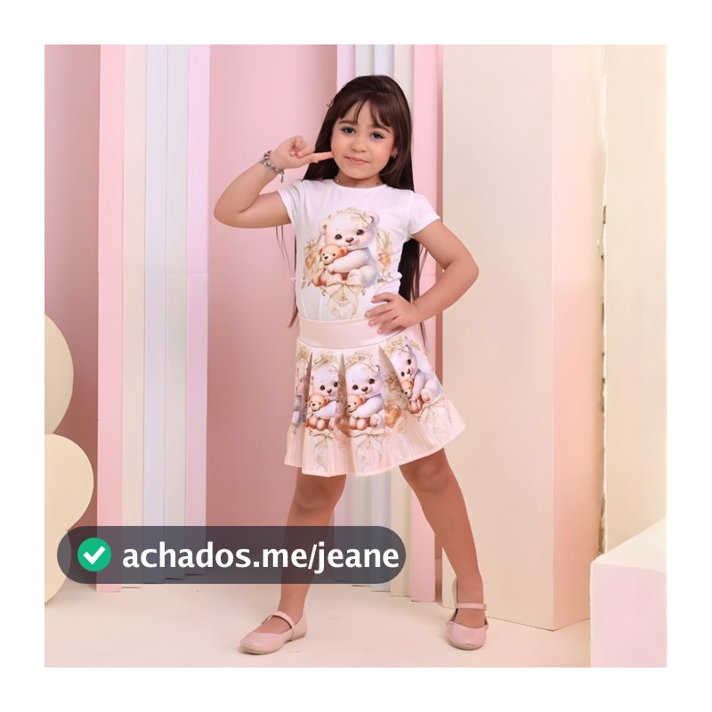 Conjunto Menina Saia com Shortinho por Baixo Ursinhos Sublimado Moda Blogueirinha 2/4/6/8/10 Anos