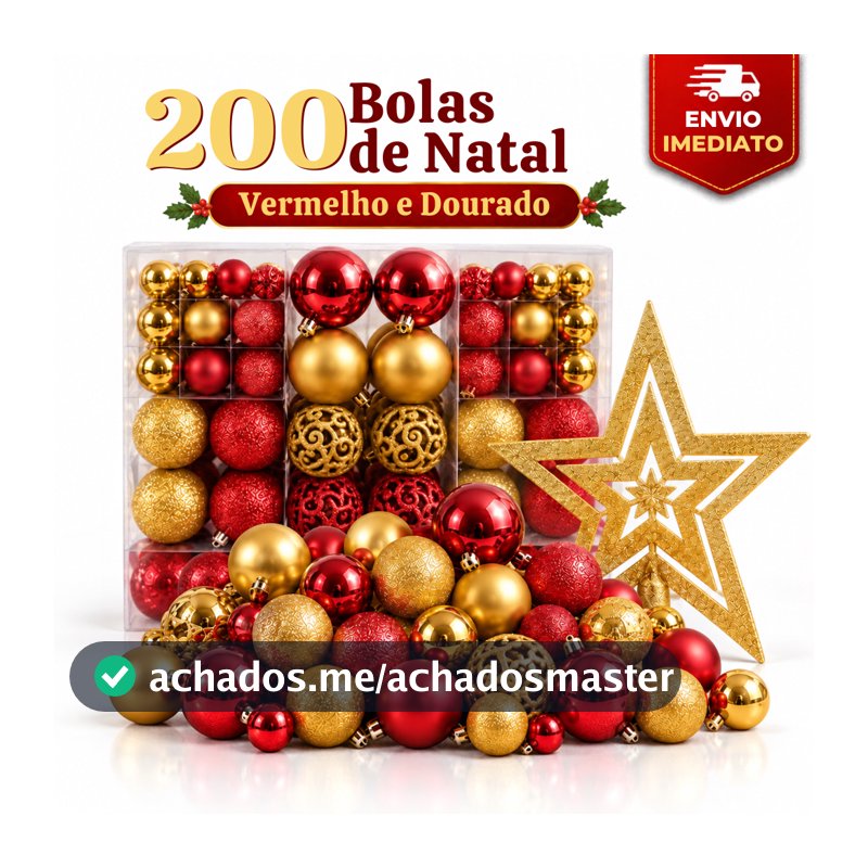 200 Bolas de Natal Vermelhas e Douradas Tamanhos Variados Glitter Foscas Lisas Acompanha Estrela Decorativa