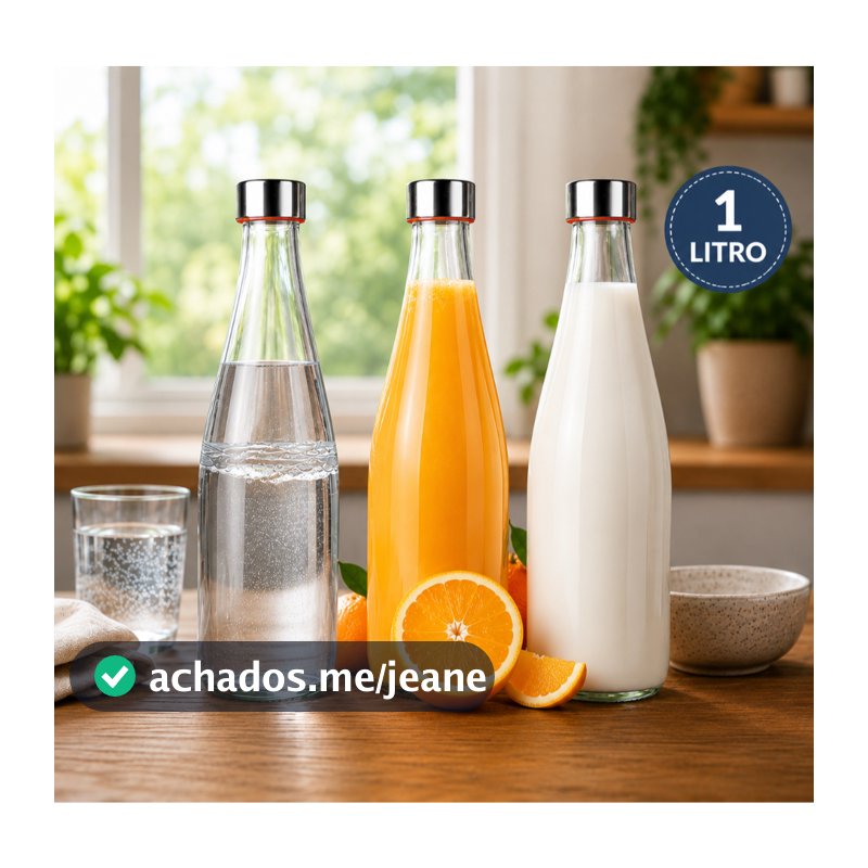 Garrafa de Vidro 1Litro Tampa Inox Para Água Suco Leite Geladeira Jarra Fechamento Hermético