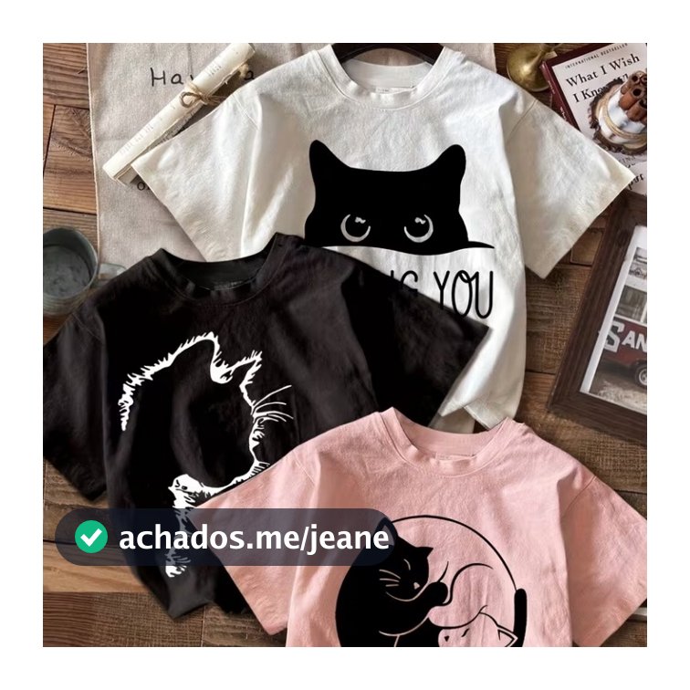 Kit 3 Blusinhas Gola Redonda Algodão Gatinhos Manga Curta Cores Básicas T-Shirt Meow Girls
