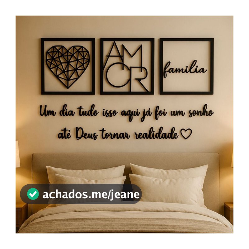 Kit 3 Quadros Cabeceira Familia Coração Geométrico Amor + Frase de Parede Variados Sala + 2 Mini aplique coração