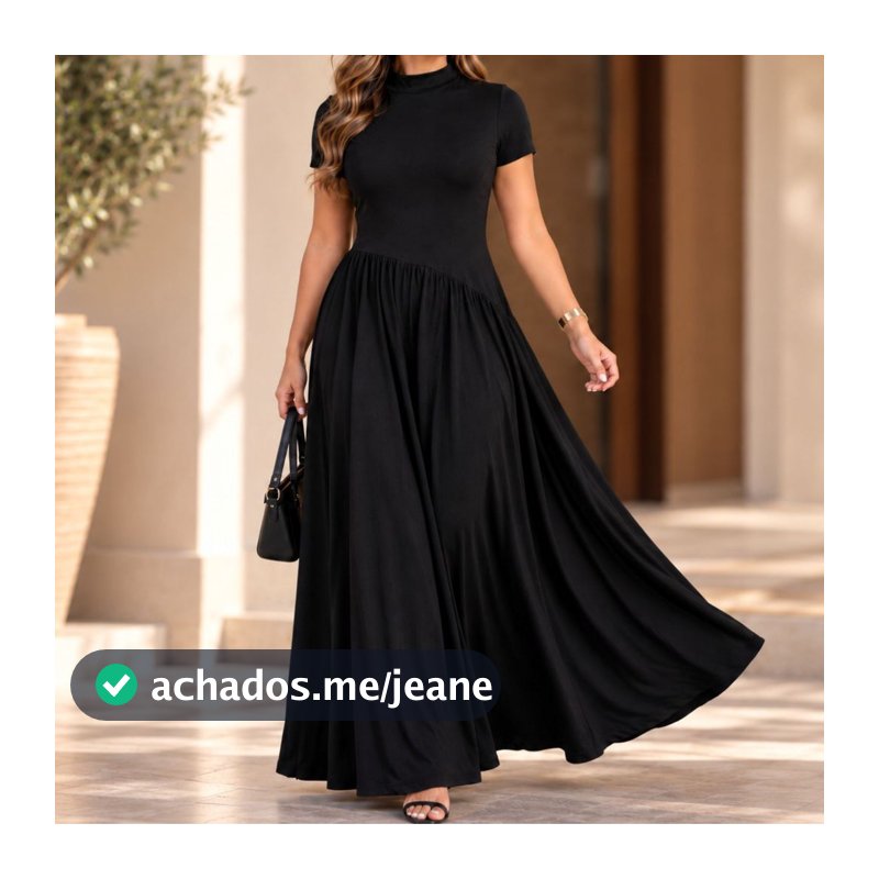 Vestido Longo Feminino Gola Alta Manga Curta Saia Ampla Tecido Suede Elegante 38 ao 44