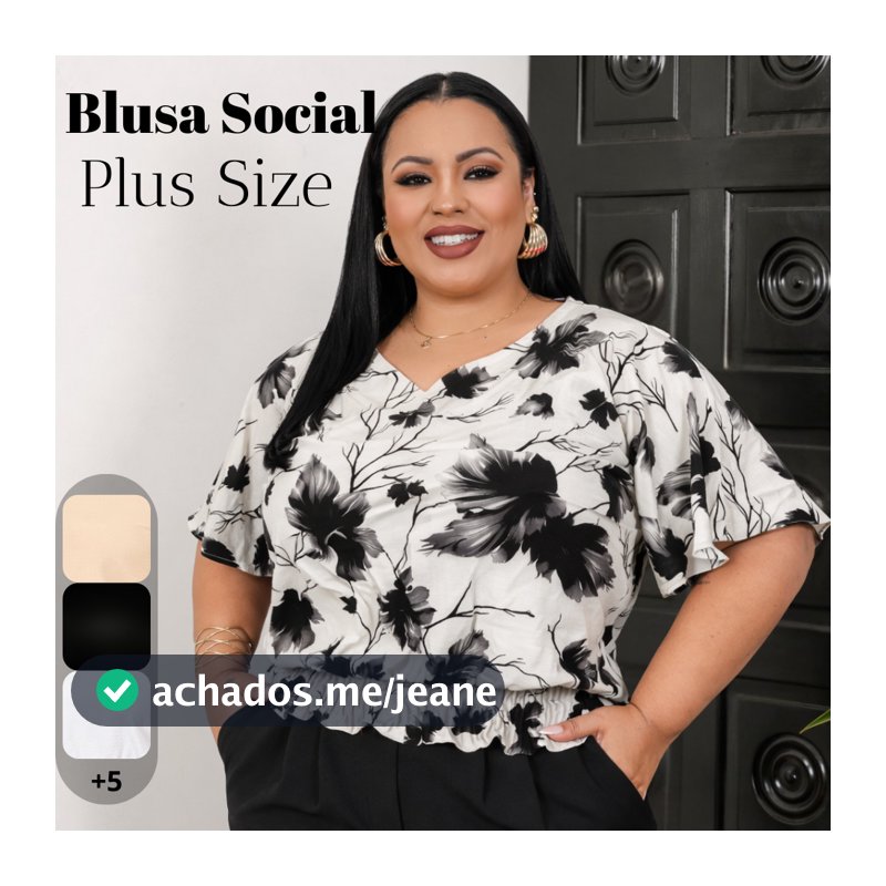 Blusa Plus Size Feminina Lastex na Cintura Babado Manga Curta Decote V Casual Social Duna